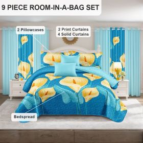 9 Piece in a Bag Thick Touch Bed Cover Curtain Set, Upgraded Luxury Bedspread Set, Bamboo microfiber All Season Bedding-Set For Home, RV Beding (Color: blue/yellow flower, size: QUEEN)