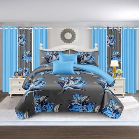 9 Piece in a Bag Thick Touch Bed Cover Curtain Set, Upgraded Luxury Bedspread Set, Bamboo microfiber All Season Bedding-Set For Home, RV Beding (Color: grey/blue jewel flower, size: QUEEN)
