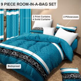 9 Piece in a Bag Thick Touch Bed Cover Curtain Set, Upgraded Luxury Bedspread Set, Bamboo microfiber All Season Bedding-Set For Home, RV Beding (Color: blue/black boho, size: TWIN)