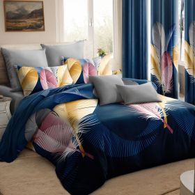 9 Piece in a Bag Thick Touch Bed Cover Curtain Set, Upgraded Luxury Bedspread Set, Bamboo microfiber All Season Bedding-Set For Home, RV Beding (Color: Blue Feather, size: KING)