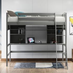 Twin size Loft Bed with Storage Shelves;  Desk and Ladder (Color: gray)